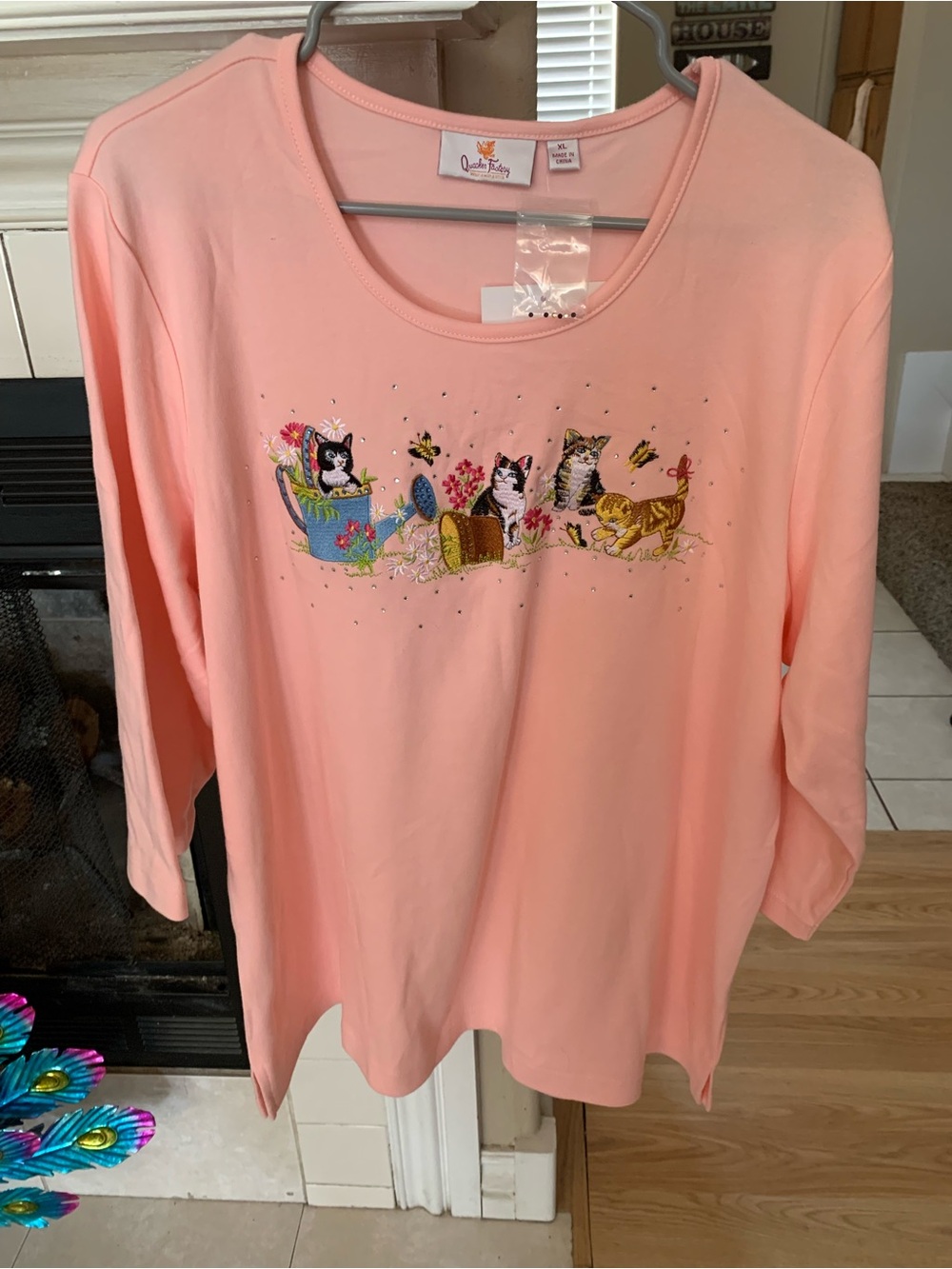 Quacker Factory Embroidered Cats with Butterflies Flowers Sequins Sz XL